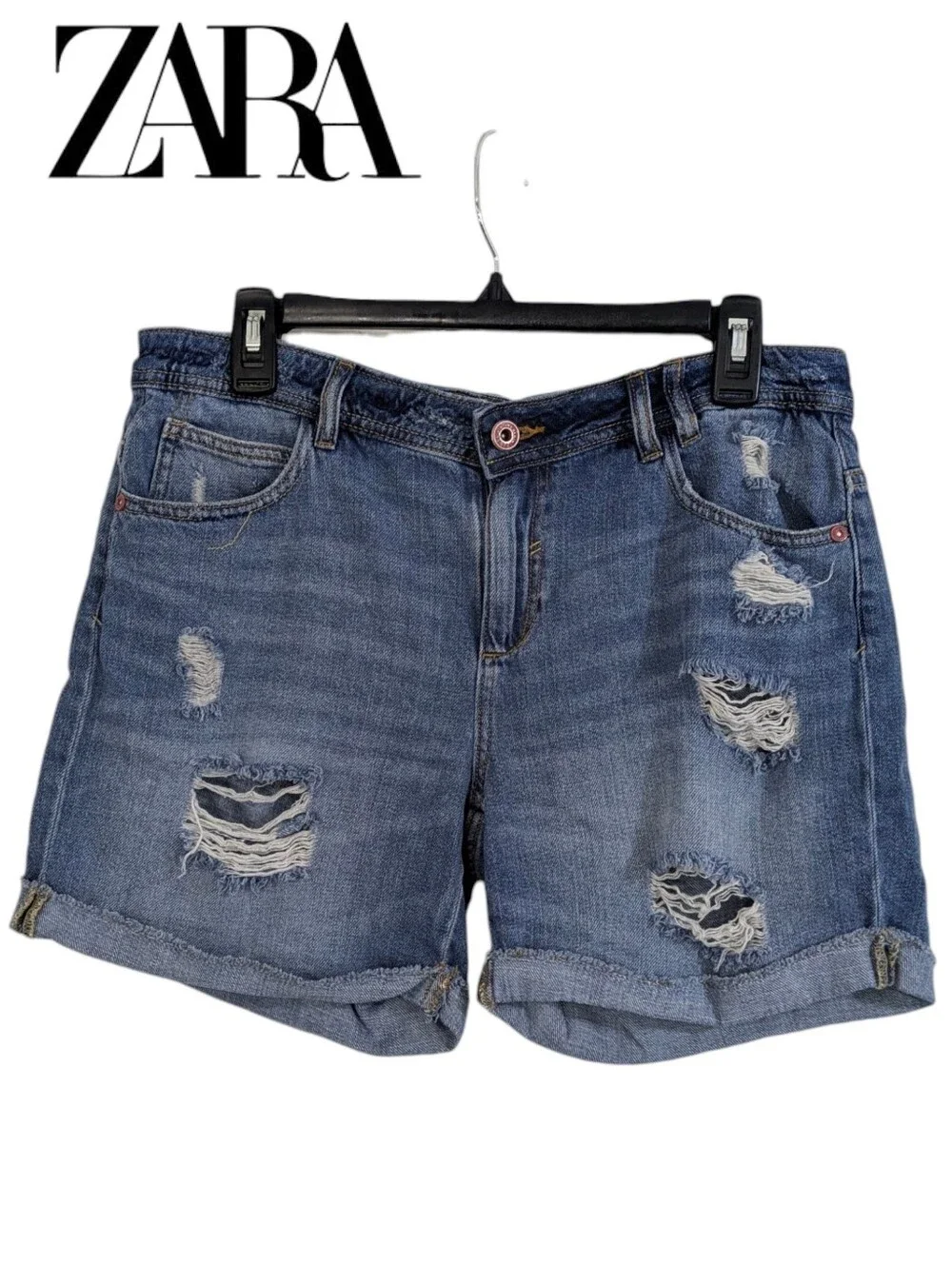 ZARA Basic Z1975 Denim Distressed Baggy Jean Shorts - Size 6 Womens